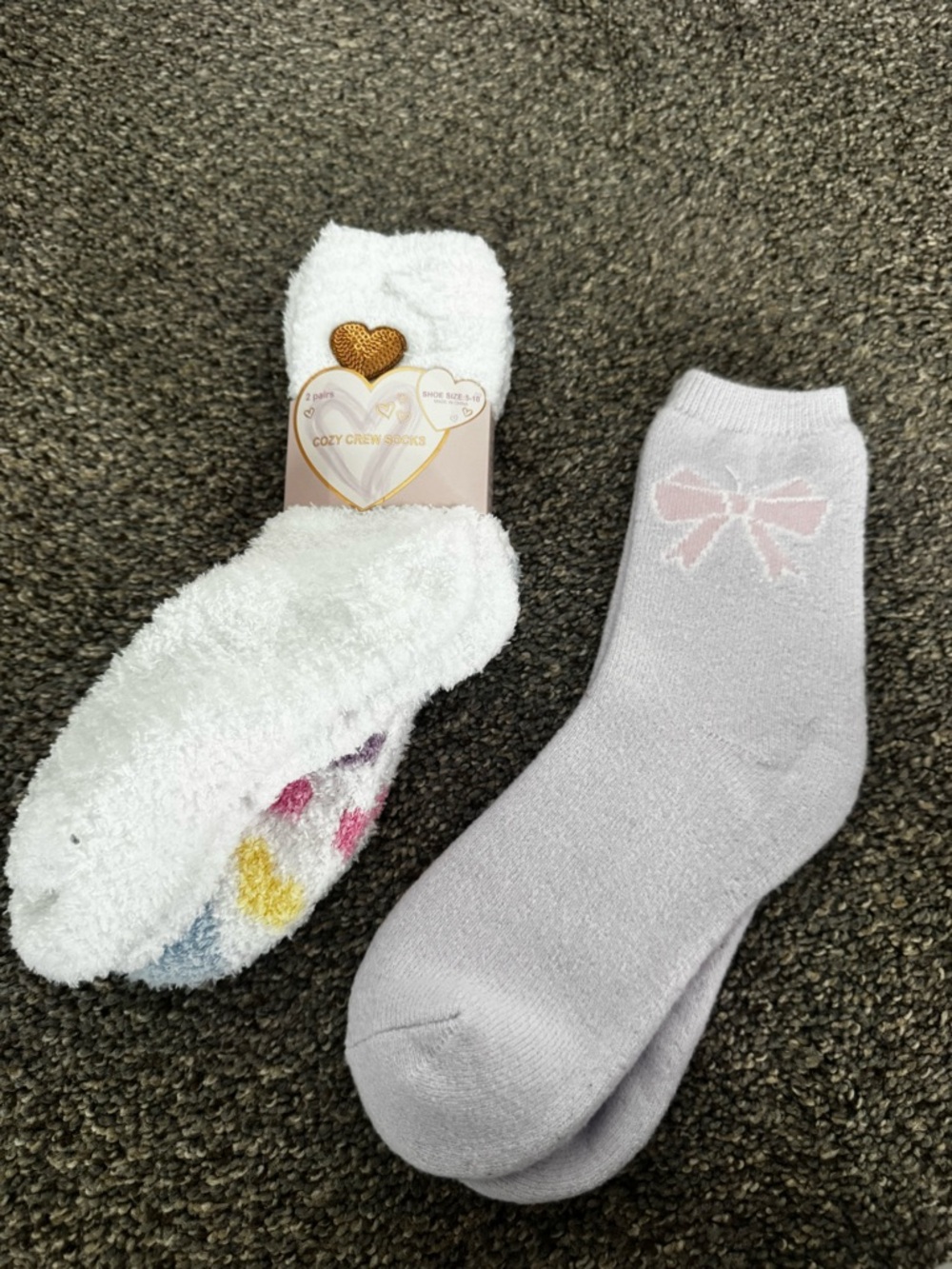 Cozy Fuzzy White Crew Socks + Light Gray Bow Ankle Socks
